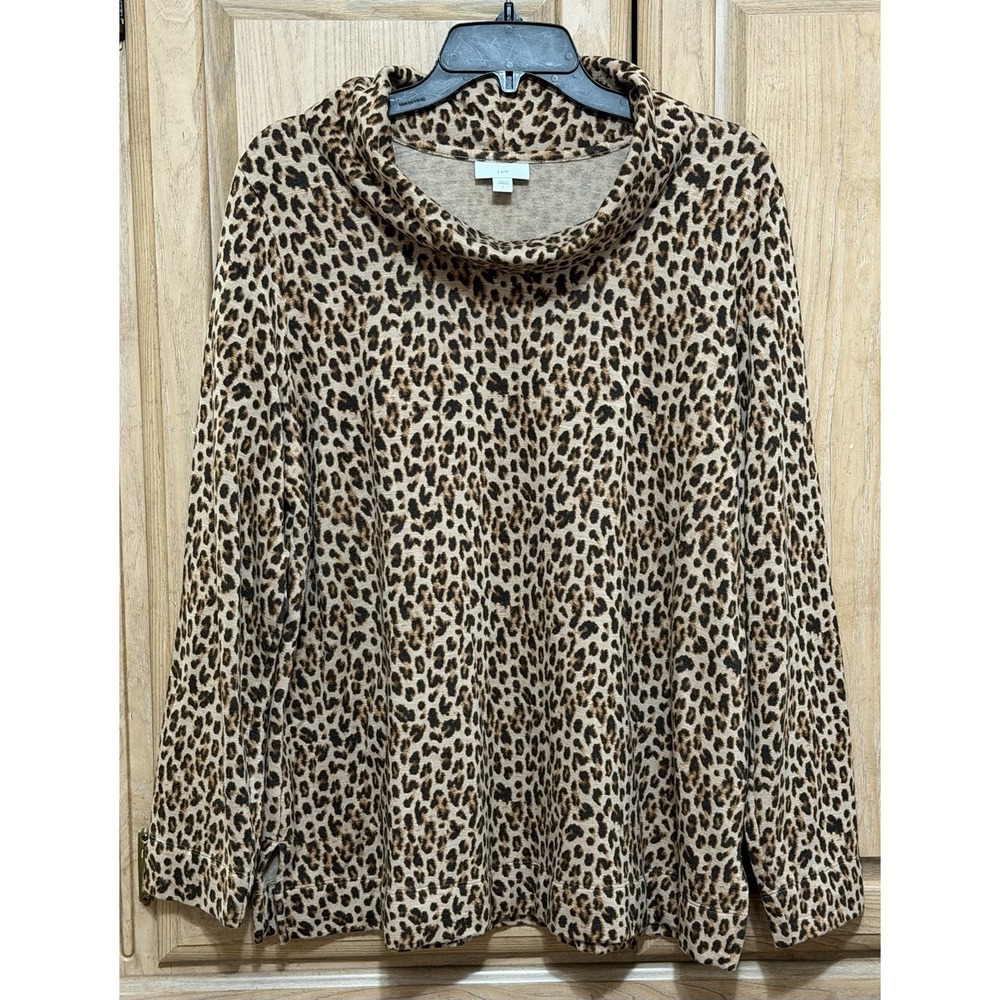 J Jill Sweater Tunic Top Women's Size Large Leopard Print Long Sleeve Cowl Neck